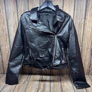 Windsor Womens Black Faux Leather Moto Biker Jacket Belted Zip Medium